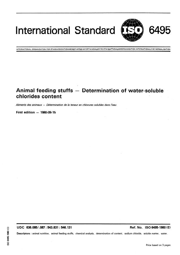 ISO 6495:1980 - Animal feeding stuffs -- Determination of water-soluble chlorides content