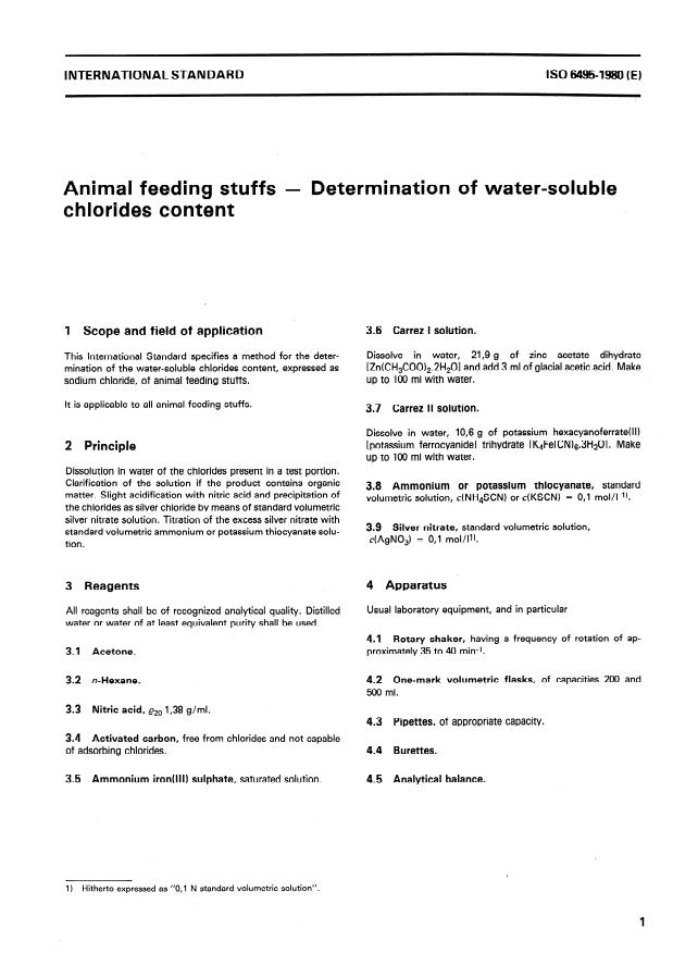 ISO 6495:1980 - Animal feeding stuffs -- Determination of water-soluble chlorides content
