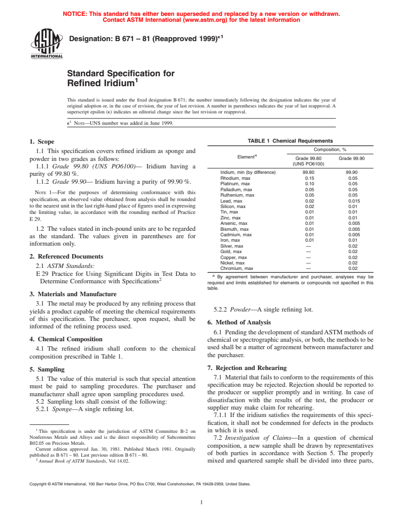 ASTM B671-81(1999)e1 - Standard Specification for Refined Iridium