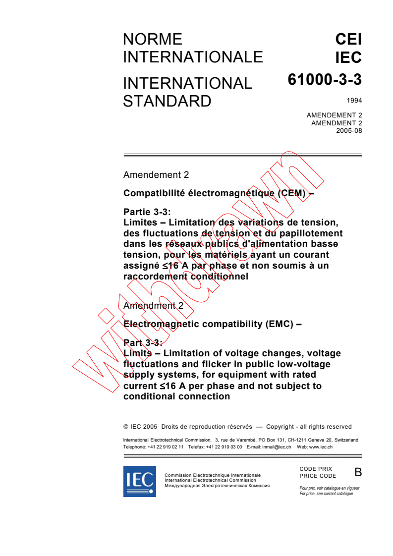 IEC 61000-3-3:1994/AMD2:2005 - Amendment 2 - Electromagnetic compatibility (EMC) - Part 3-3: Limits - Limitation of voltage changes, voltage fluctuations and flicker in public low-voltage supply systems, for equipment with rated current ≤ 16 A per phase and not subject to conditional connection
Released:8/30/2005
Isbn:2831881749