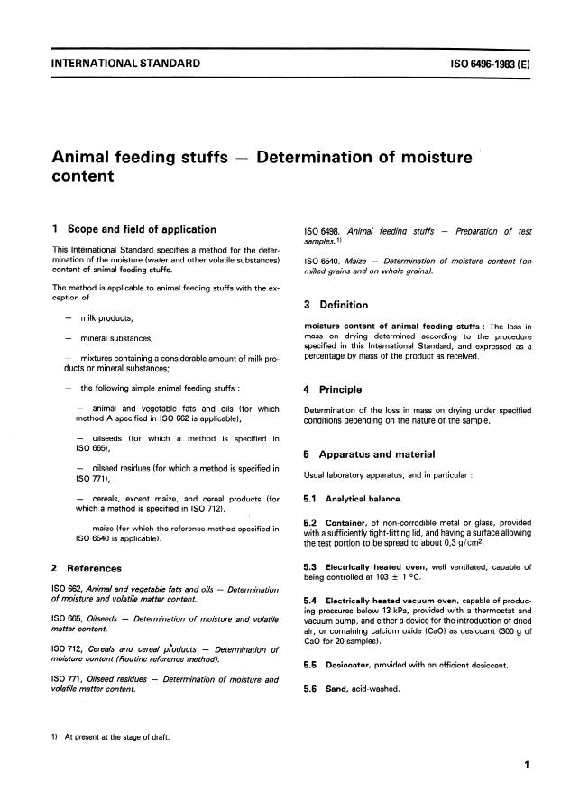 ISO 6496:1983 - Animal feeding stuffs -- Determination of moisture content