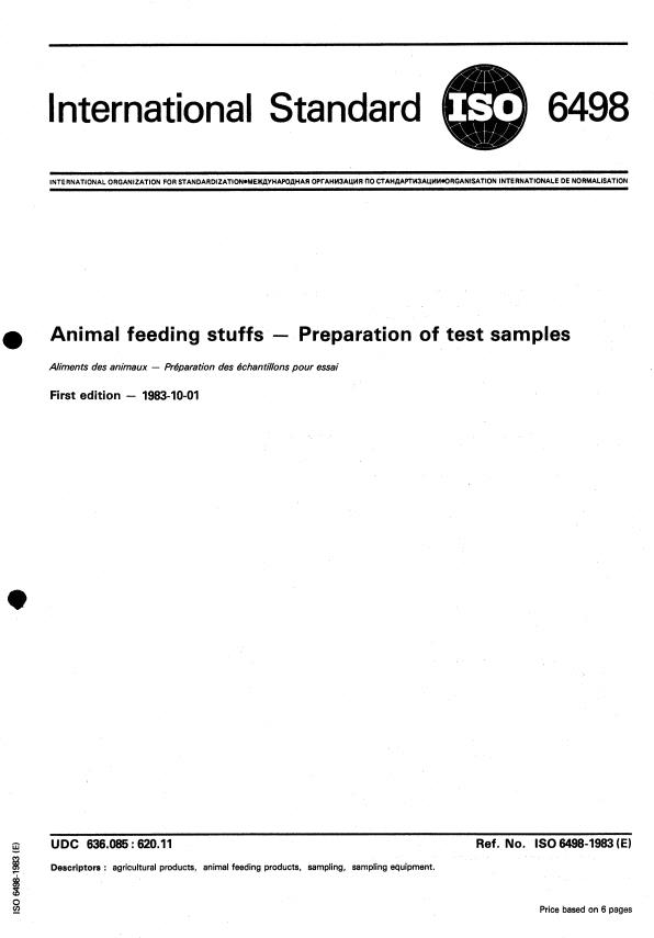 ISO 6498:1983 - Animal feeding stuffs -- Preparation of test samples
