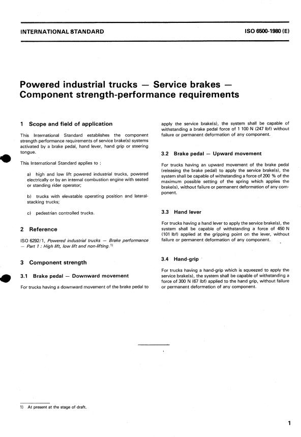 ISO 6500:1980 - Powered industrial trucks -- Service brakes -- Component strength-performance requirements