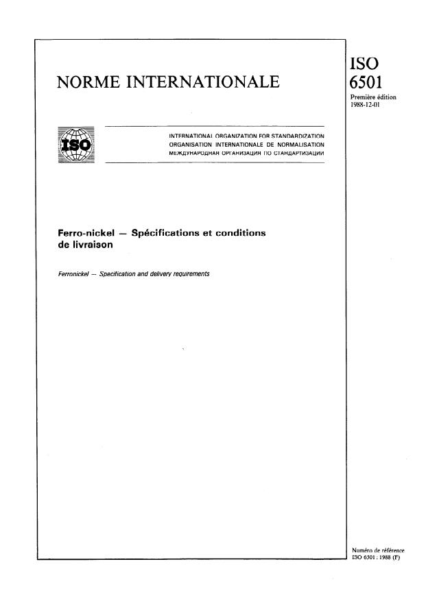 ISO 6501:1988 - Ferro-nickel -- Spécifications et conditions de livraison