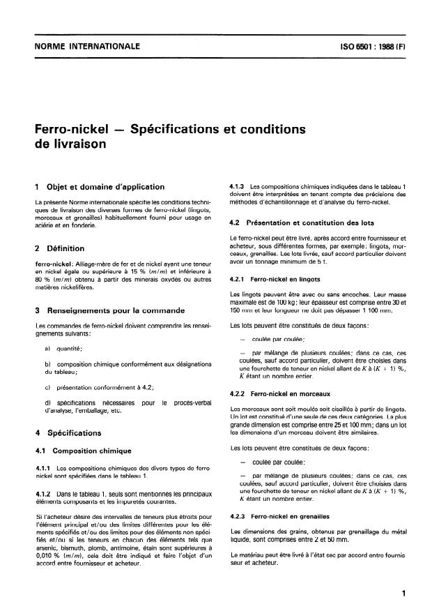 ISO 6501:1988 - Ferro-nickel -- Spécifications et conditions de livraison