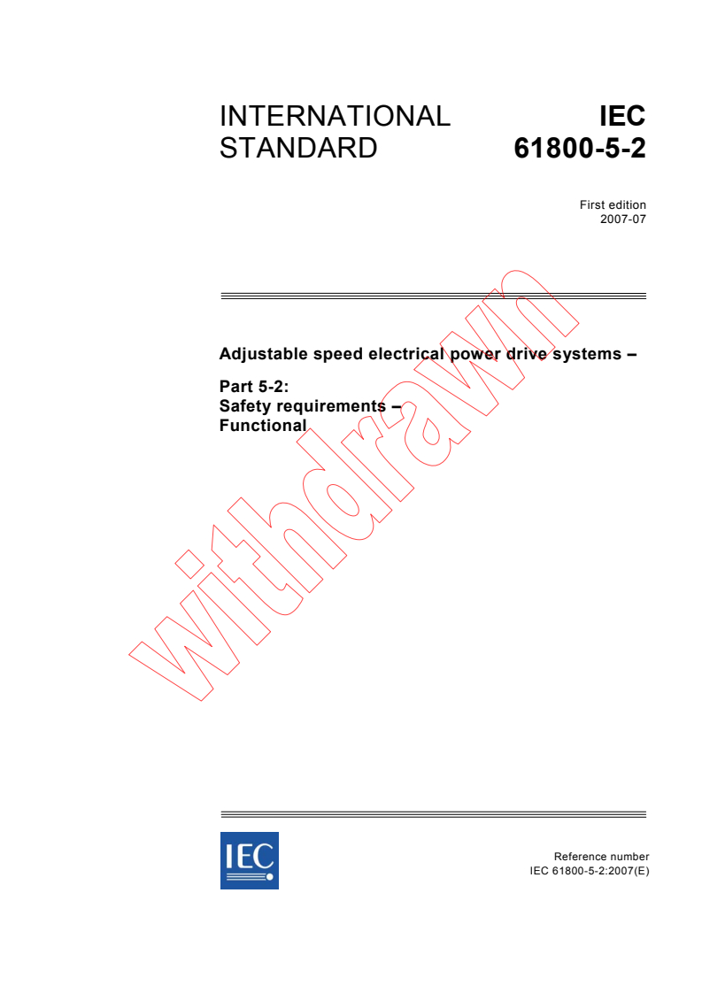 IEC 61800-5-2:2007 - Adjustable speed electrical power drive systems - Part 5-2: Safety requirements - Functional
Released:7/16/2007
Isbn:2831892279