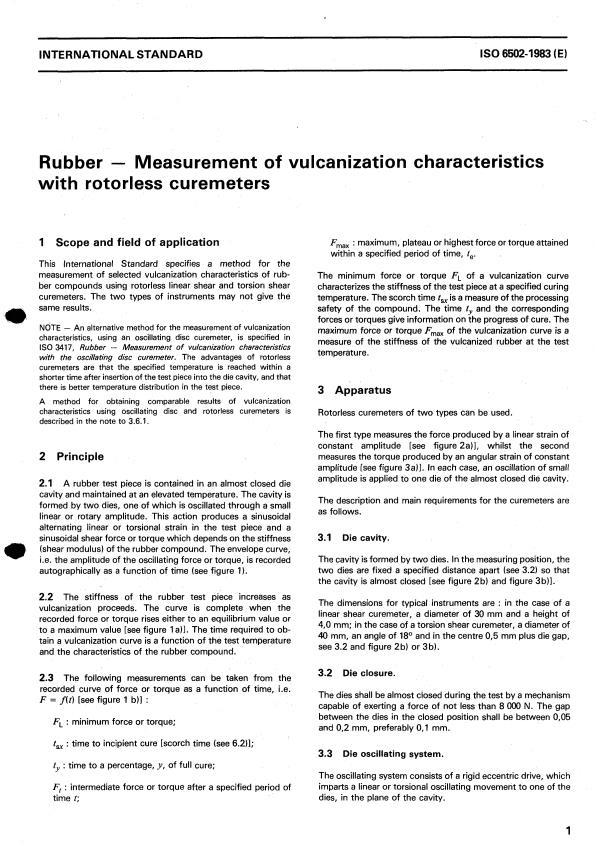ISO 6502:1983 - Rubber -- Measurement of vulcanization characteristics with rotorless curemeters
