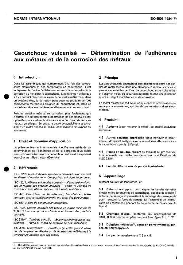 ISO 6505:1984 - Caoutchouc vulcanisé -- Détermination de l'adhérence aux métaux et de la corrosion des métaux