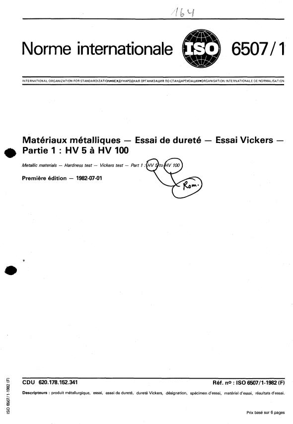 ISO 6507-1:1982 - Matériaux métalliques -- Essai de dureté -- Essai Vickers