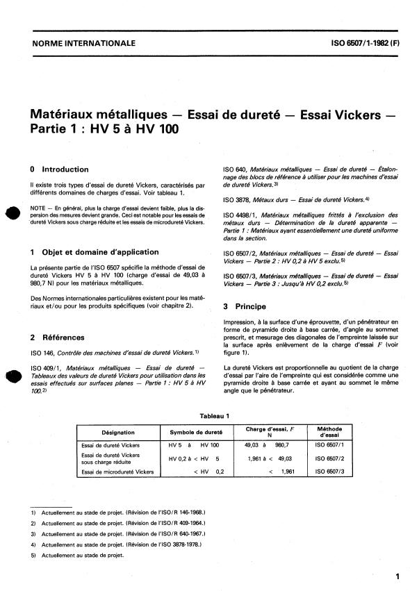 ISO 6507-1:1982 - Matériaux métalliques -- Essai de dureté -- Essai Vickers