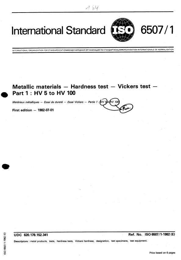 ISO 6507-1:1982 - Metallic materials -- Hardness test -- Vickers test