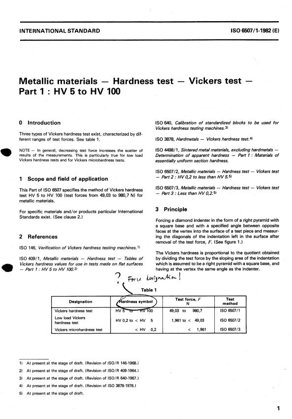 ISO 6507-1:1982 - Metallic materials -- Hardness test -- Vickers test