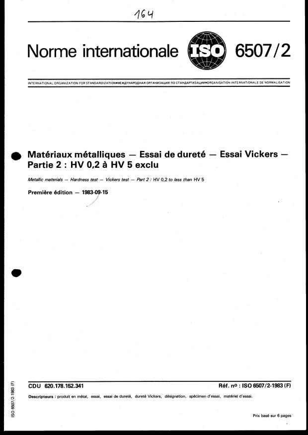 ISO 6507-2:1983 - Matériaux métalliques -- Essai de dureté -- Essai Vickers