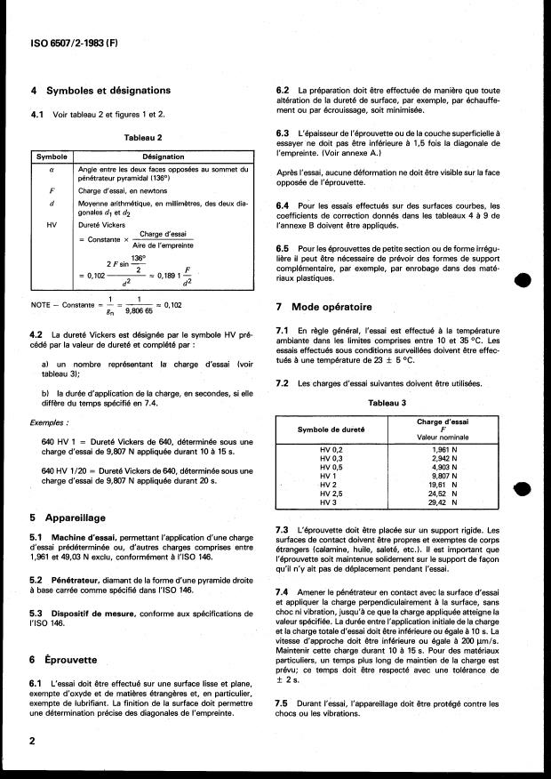 ISO 6507-2:1983 ISO 6507-2:1983 - Matériaux métalliques -- Essai de dureté -- Essai Vickers - Page 4 preview