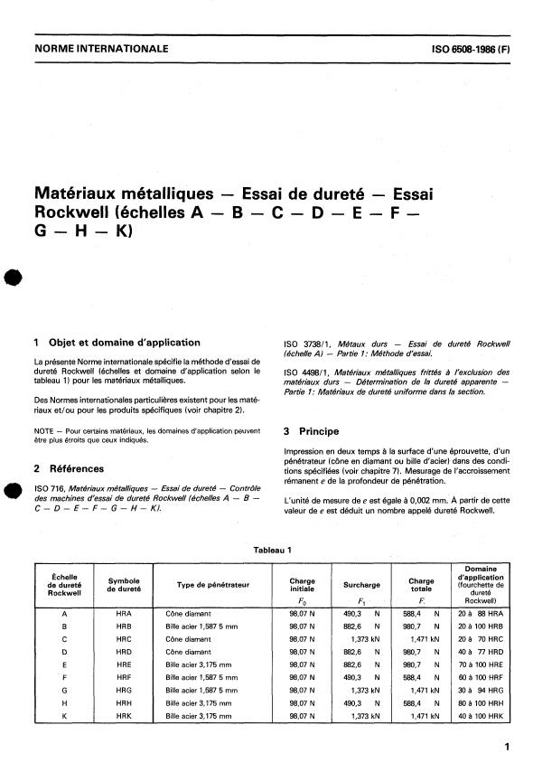 ISO 6508:1986 - Matériaux métalliques -- Essai de dureté -- Essai Rockwell (échelles A - B - C - D - E - F - G - H - K)