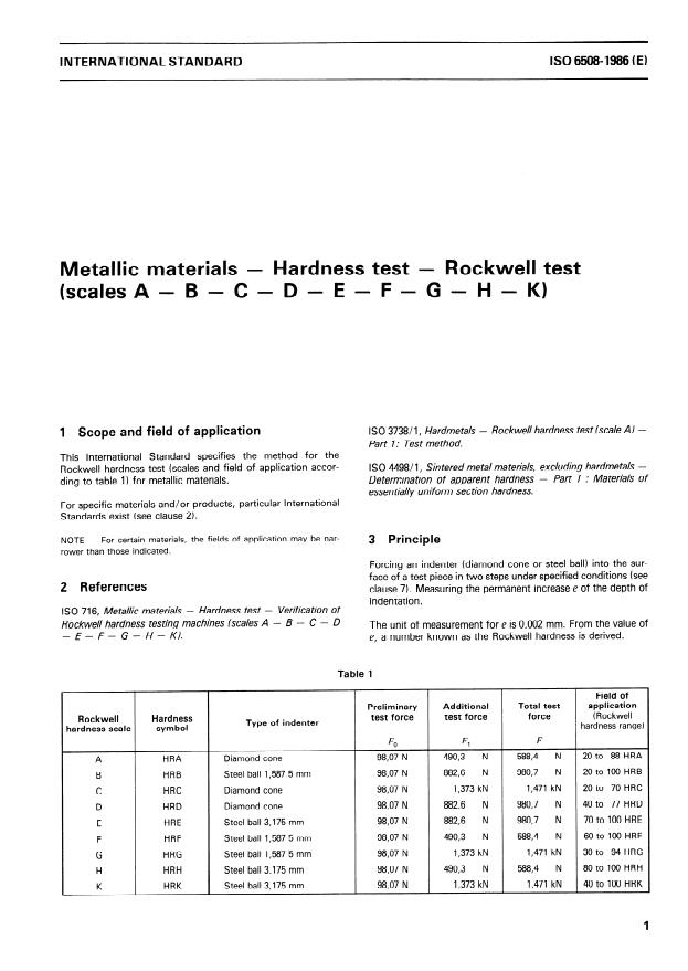 ISO 6508:1986 - Metallic materials -- Hardness test -- Rockwell test (scales A - B - C - D - E - F - G - H - K)