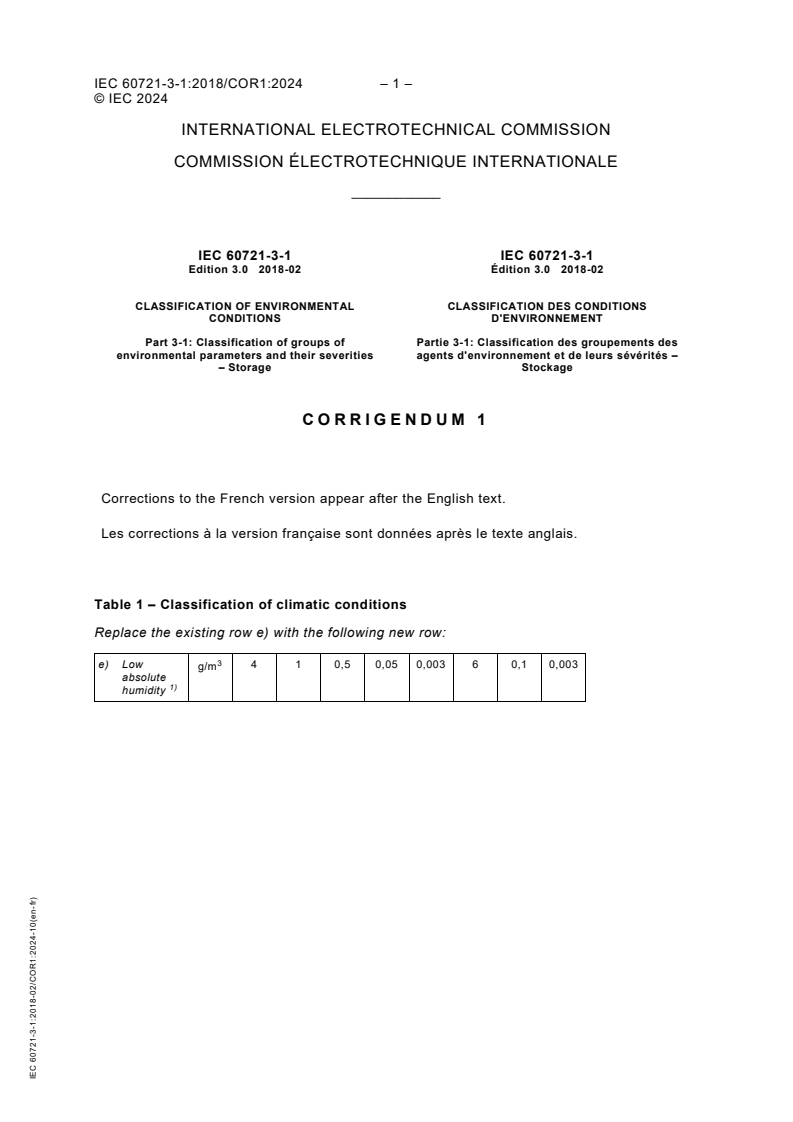 IEC 60721-3-1:2018/COR1:2024 - Corrigendum 1 - Classification of environmental conditions - Part 3-1: Classification of groups of environmental parameters and their severities - Storage
Released:11. 10. 2024