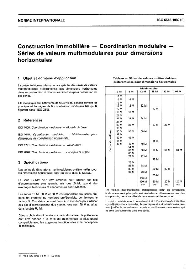 ISO 6513:1982 - Construction immobiliere -- Coordination modulaire -- Séries de valeurs multimodulaires pour dimensions horizontales