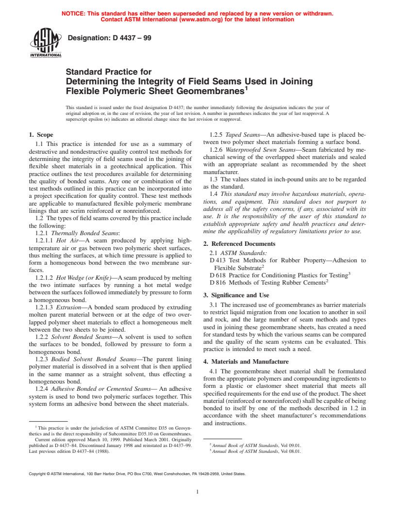 ASTM D4437-99 - Standard Practice for Determining the Integrity of Field Seams Used in Joining Flexible Polymeric Sheet Geomembranes