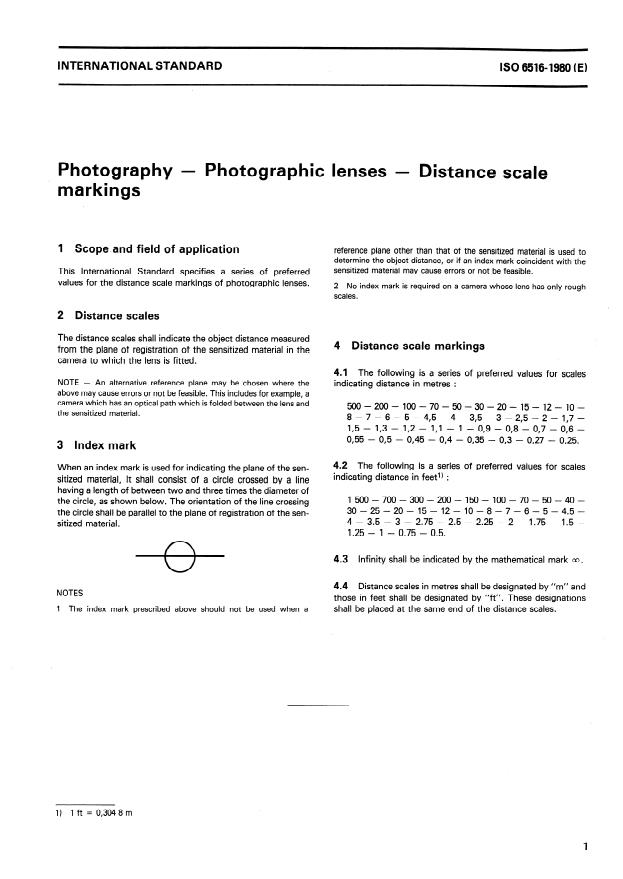 ISO 6516:1980 - Photography -- Photographic lenses -- Distance scale markings