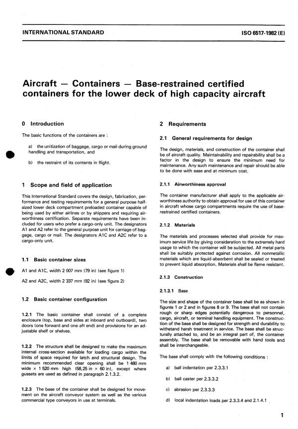 ISO 6517:1982 - Aircraft -- Containers -- Base-restrained certified containers for the lower deck of high capacity aircraft