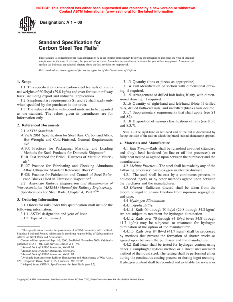 ASTM A1-00 - Standard Specification for Carbon Steel Tee Rails