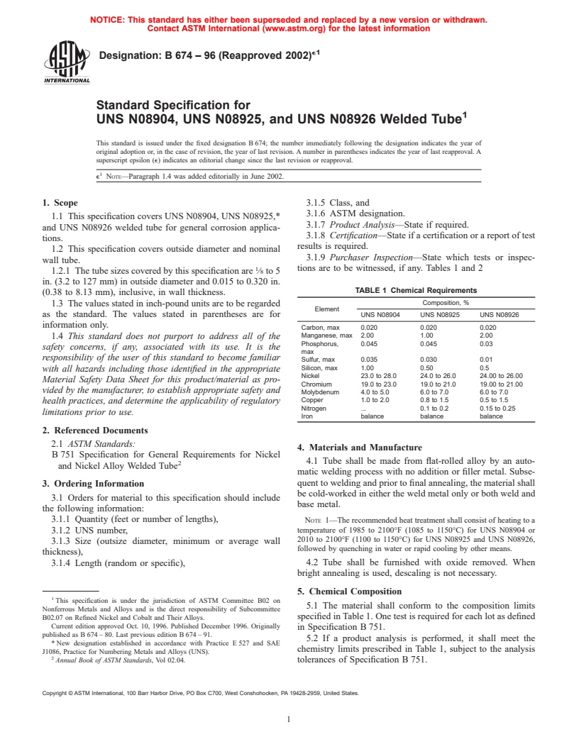 ASTM B674-96(2002)e1 - Standard Specification for UNS N08904, UNS N08925, and UNS N08926 Welded Tube