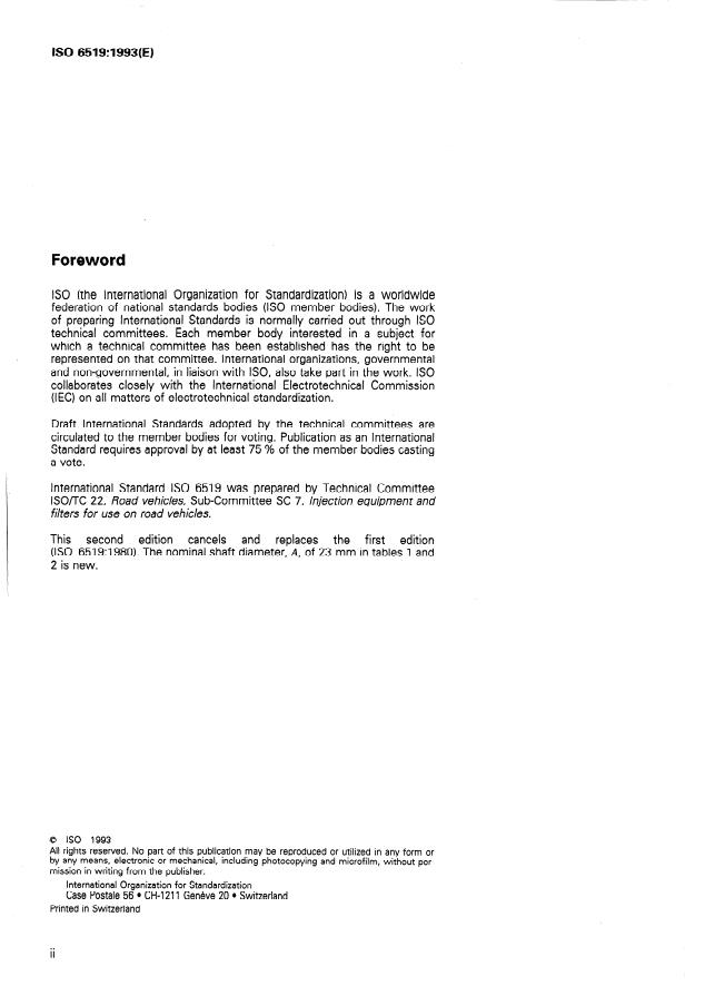 ISO 6519:1993 ISO 6519:1993 - Diesel engines -- Fuel injection pumps -- Tapers for shaft ends and hubs - Page 2 preview