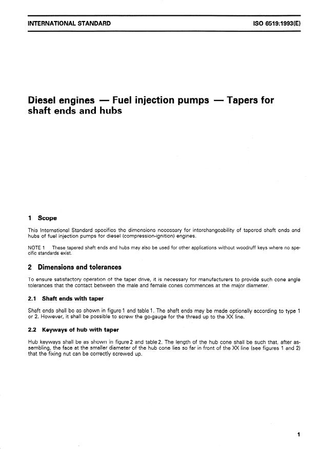 ISO 6519:1993 - Diesel engines -- Fuel injection pumps -- Tapers for shaft ends and hubs