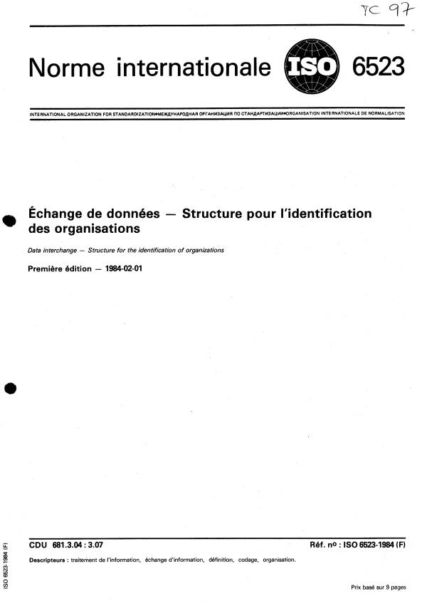 ISO 6523:1984 - Échange de données -- Structures pour l'identification des organisations