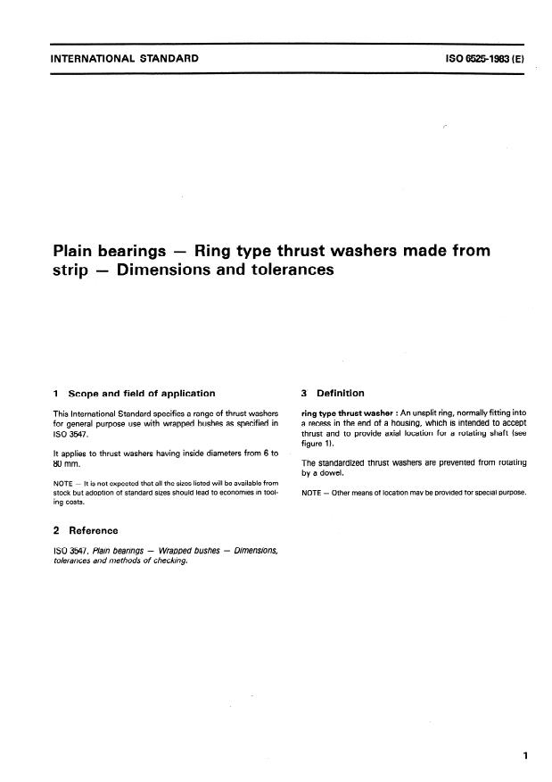 ISO 6525:1983 - Plain bearings -- Ring type thrust washers made from strip -- Dimensions and tolerances