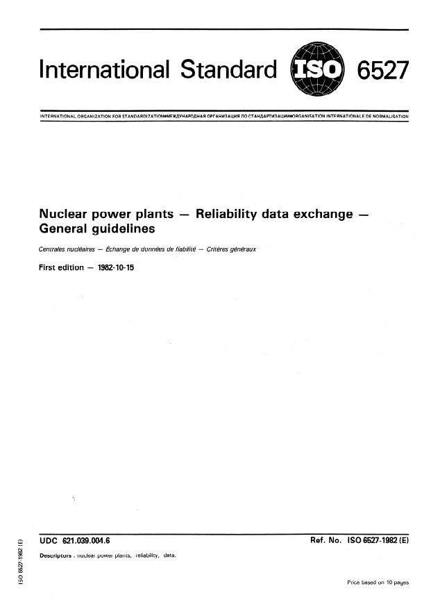 ISO 6527:1982 - Nuclear power plants -- Reliability data exchange -- General guidelines