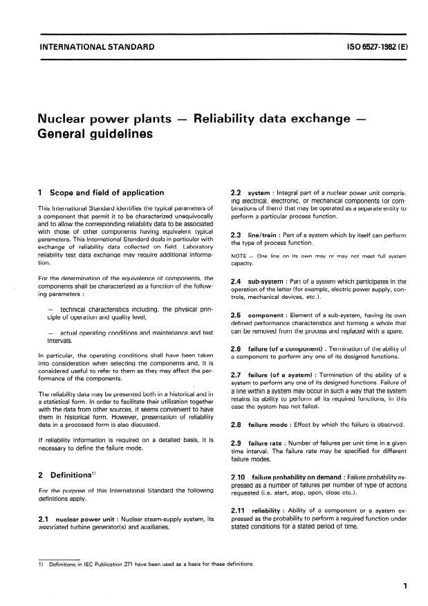 ISO 6527:1982 - Nuclear power plants -- Reliability data exchange -- General guidelines