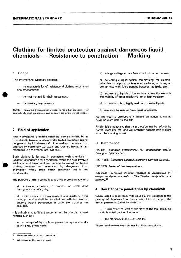 ISO 6530:1980 - Clothing for limited protection against dangerous liquid chemicals -- Resistance to penetration -- Marking
