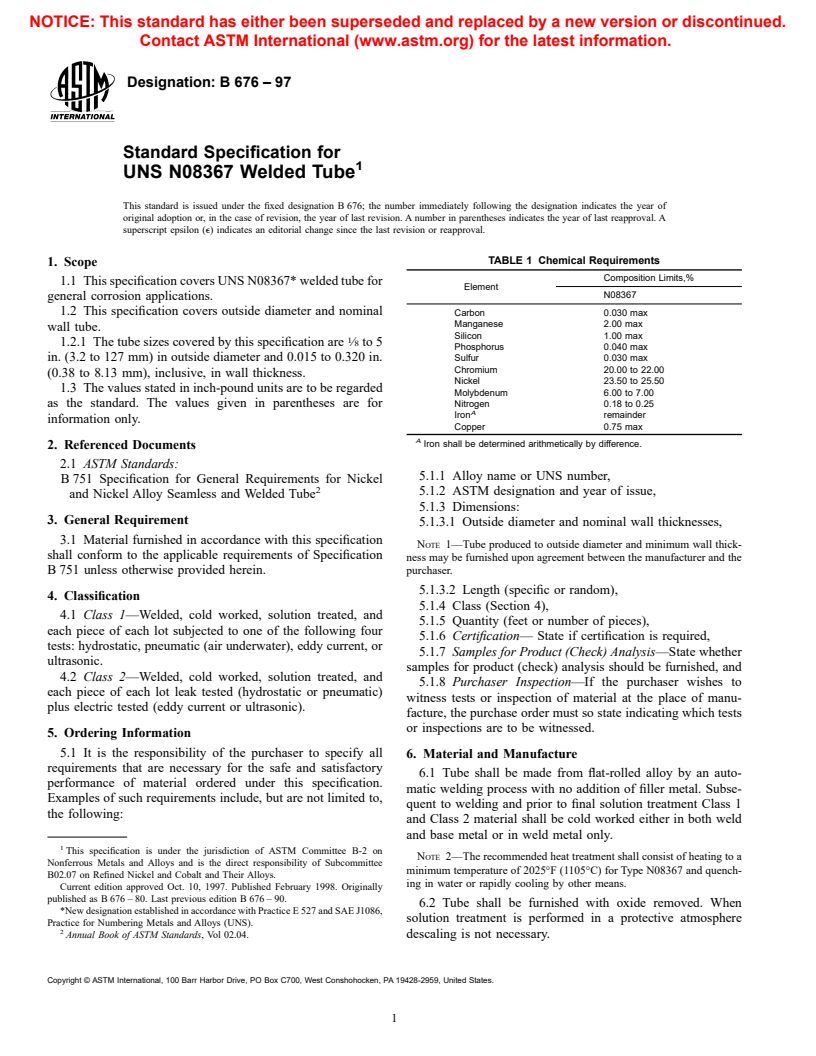 ASTM B676-97 - Standard Specification for UNS N08367 Welded Tube