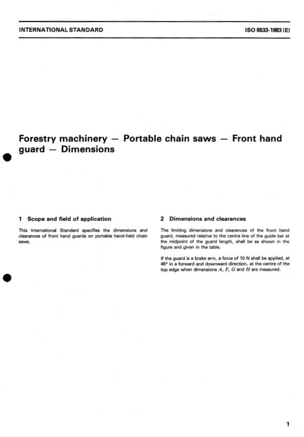 ISO 6533:1983 - Forestry machinery -- Portable chain saws -- Front hand guard -- Dimensions