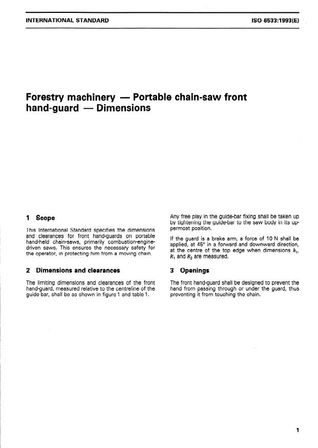 ISO 6533:1993 - Forestry machinery -- Portable chain-saw front hand-guard -- Dimensions