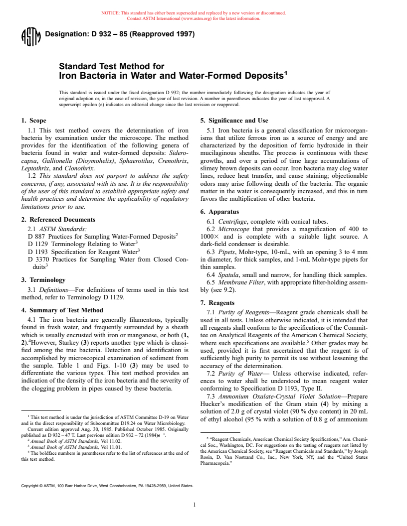 ASTM D932-85(1997) - Standard Test Method for Iron Bacteria in Water and Water-Formed Deposits