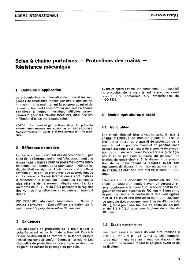 ISO 6534:1992 - Scies a chaîne portatives -- Protections des mains -- Résistance mécanique