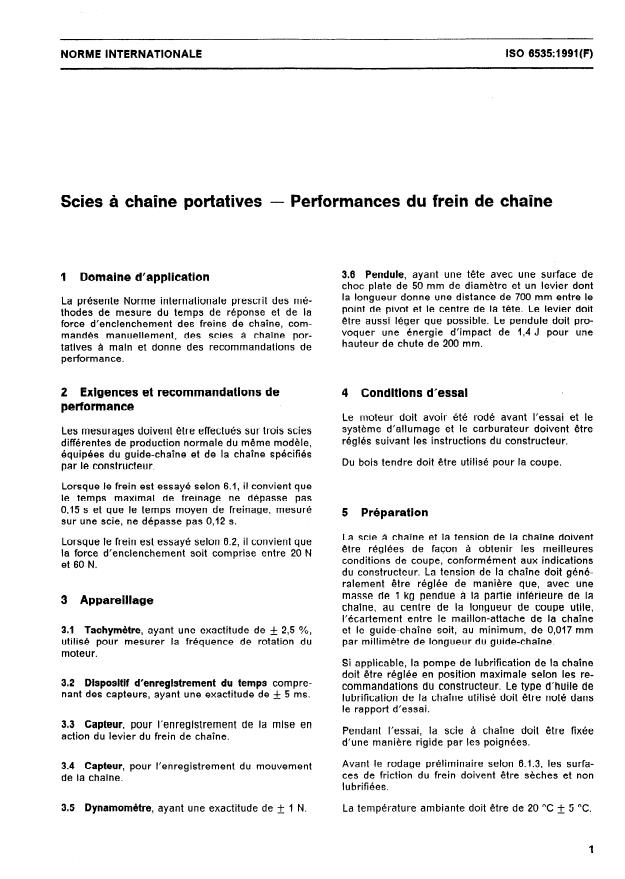 ISO 6535:1991 - Scies a chaîne portatives -- Performances du frein de chaîne