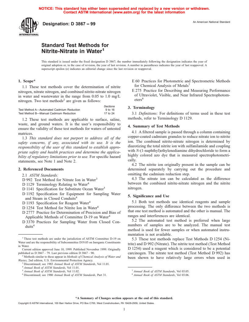 ASTM D3867-99 - Standard Test Methods for Nitrite-Nitrate in Water