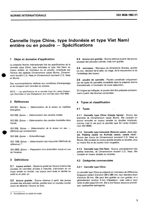 ISO 6538:1982 - Cannelle (type Chine, type Indonésie et type Viet Nam) entiere et en poudre -- Spécifications