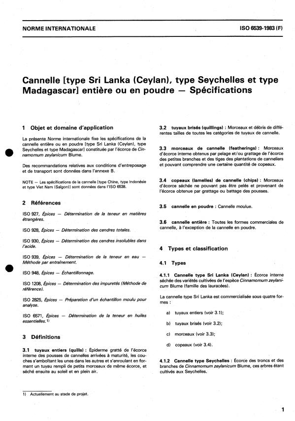 ISO 6539:1983 - Cannelle (type Sri Lanka (Ceylan), type Seychelles et type Madagascar) entiere ou en poudre -- Spécifications
