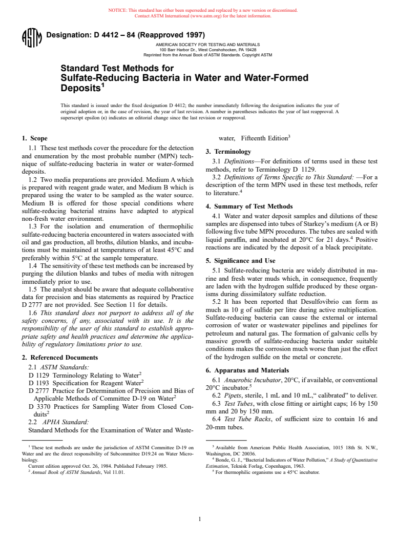 ASTM D4412-84(1997) - Standard Test Methods for Sulfate-Reducing Bacteria in Water and Water-Formed Deposits