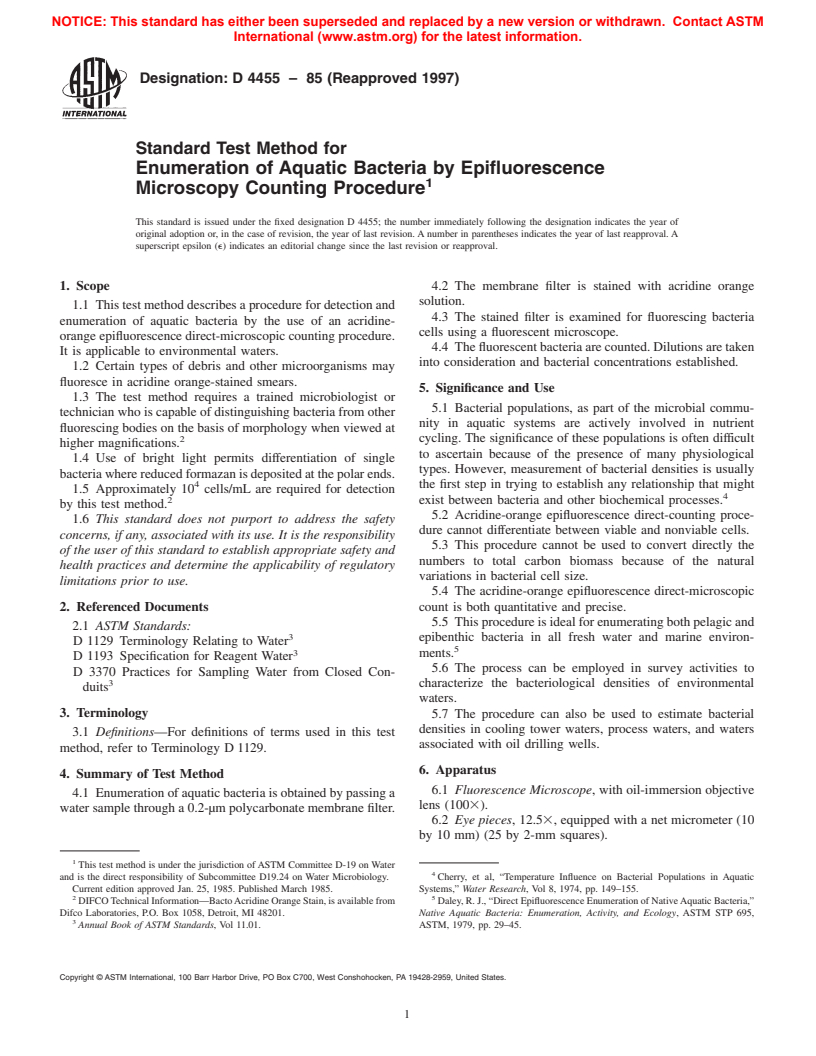 ASTM D4455-85(1997) - Standard Test Method for Enumeration of Aquatic Bacteria by Epifluorescence Microscopy Counting Procedure