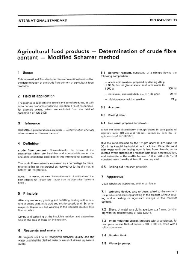 ISO 6541:1981 - Agricultural food products -- Determination of crude fibre content -- Modified Scharrer method