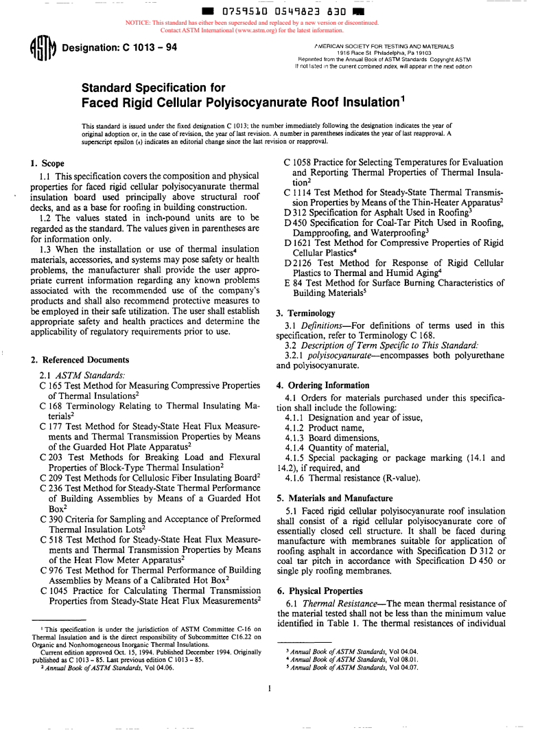 ASTM C1013-94 - Specification for Faced Rigid Cellular Polyisocyanurate Roof Insulation (Withdrawn 1997)