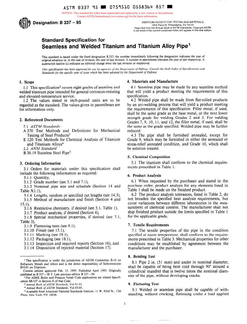 ASTM B337-95 - Specification for Seamless and Welded Titanium and Titanium Alloy Pipe (Withdrawn 1997)