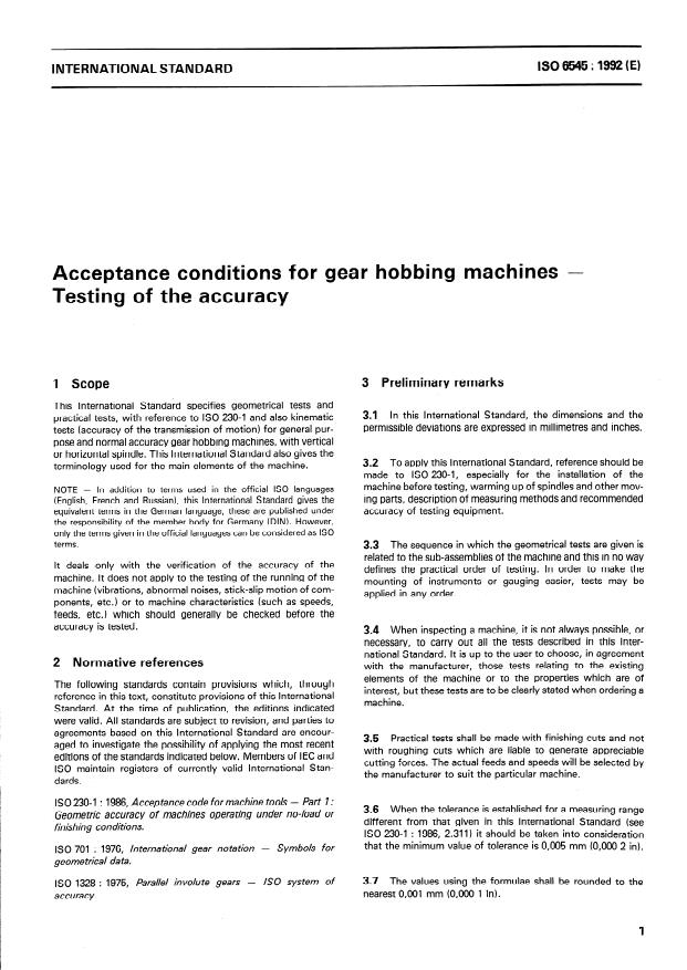 ISO 6545:1992 - Acceptance conditions for gear hobbing machines -- Testing of the accuracy