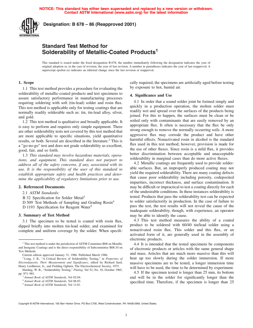 ASTM B678-86(2001) - Standard Test Method for Solderability of Metallic-Coated Products